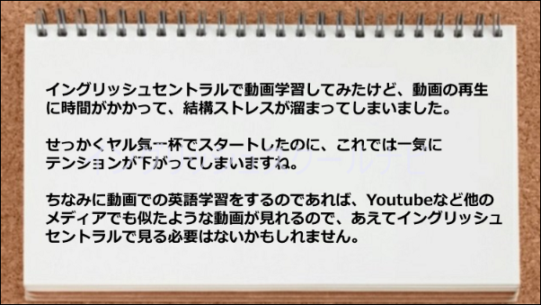 動画の再生に時間がかかったのが残念だった。また他にも似たサービスがあるのであえてイングリッシュセントラルを受講するまでもない。