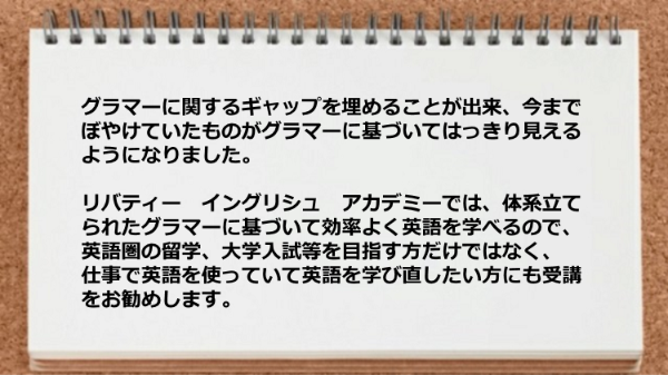 体系立てられたグラマーに基づいて効率よく英語を学べるので留学や大学入試等を目指す方だけではなく英語を学び直したい方にもお勧めします。
