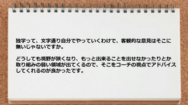取り組みの弱い領域をコーチの視点でアドバイスしてくれるのが良かったです。
