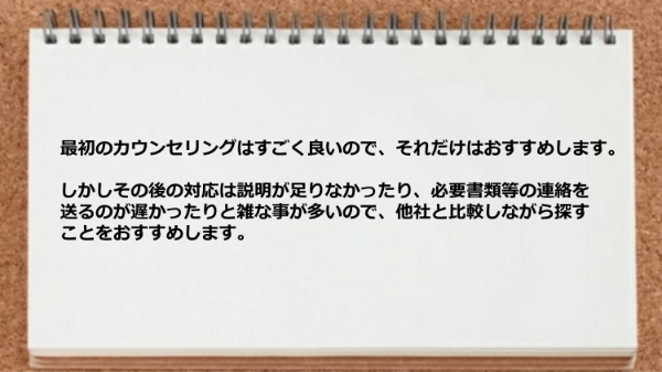 カウンセリング後の対応は説明が足りなかったり必要書類等の連絡を送るのが遅かったりした。
