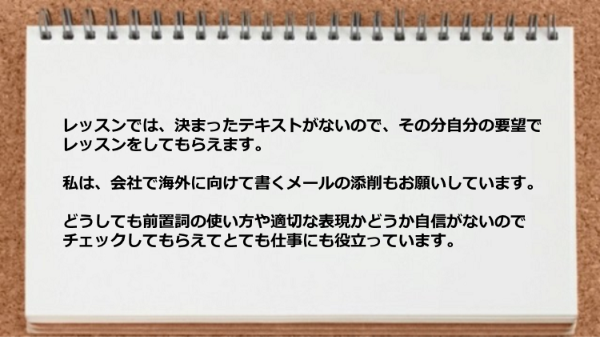 自分の要望でレッスンをしてもらえるので会社で海外に向けて書くメールの添削もお願いしています。
