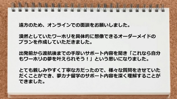 漠然としていたワーホリを具体的に想像できるオーダーメイドのプランを作成してもらい夢カナ留学のサポート内容を深く理解できました。
